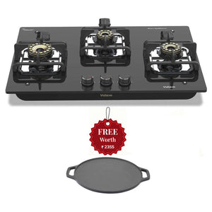 Vidiem Vogue V1 3 Burner Glass Top Gas Stove And Get Free Casta 30 Cm Cast Iron Tawa 