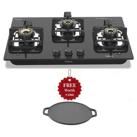 Vidiem Vogue V1 3 Burner Glass Top Gas Stove And Get Free Casta 30 Cm Cast Iron Tawa 