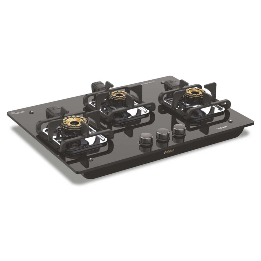 Vidiem Vogue V1 3 Burner Glass Top Gas Stove And Get Free Casta 30 Cm Cast Iron Tawa