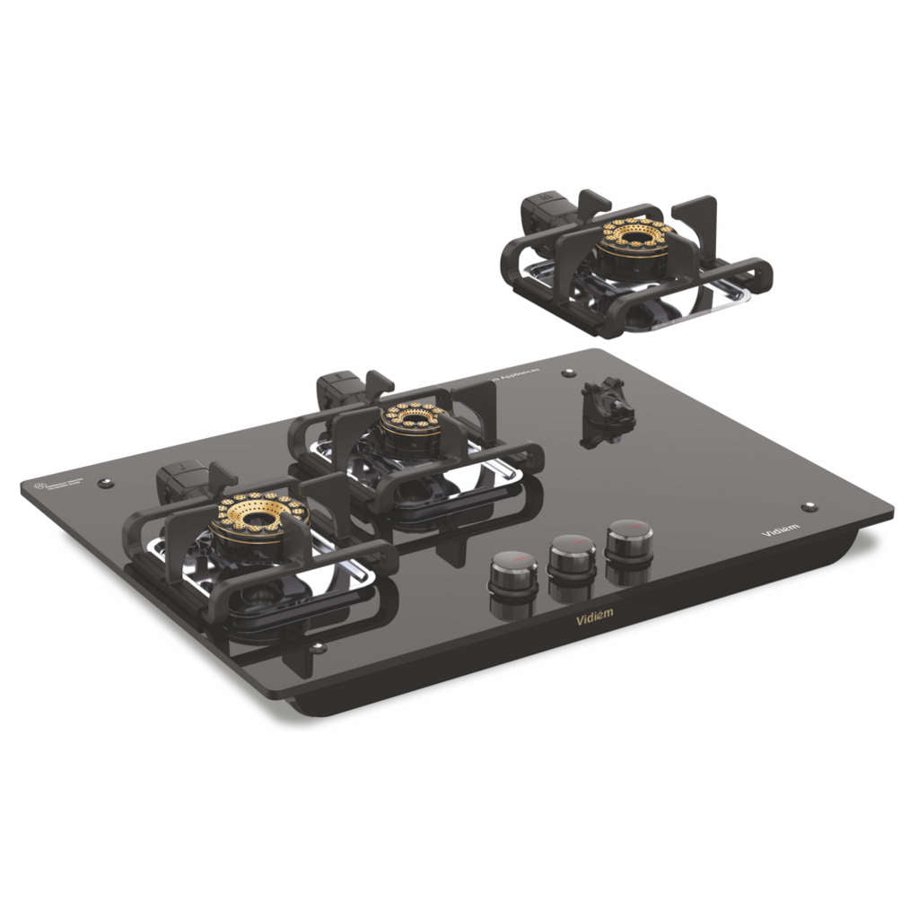 Vidiem Vogue V1 3 Burner Glass Top Gas Stove And Get Free Casta 30 Cm Cast Iron Tawa