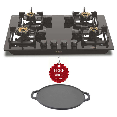 Vidiem Vogue V1 4 Burner Glass Top Gas Stove And Get Free Casta 30 Cm Cast Iron Tawa 