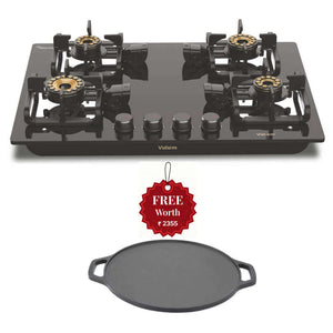 Vidiem Vogue V1 4 Burner Glass Top Gas Stove And Get Free Casta 30 Cm Cast Iron Tawa 