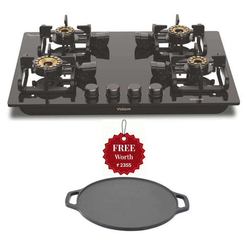 Vidiem Vogue V1 4 Burner Glass Top Gas Stove And Get Free Casta 30 Cm Cast Iron Tawa 