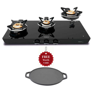 Vidiem Vogue Vesta 3 Burner Glass Top Gas Stove And Get Free Casta 30 Cm Cast Iron Tawa 