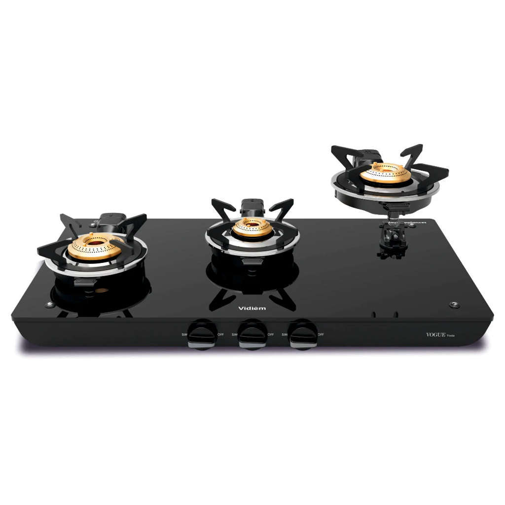 Vidiem Vogue Vesta 3 Burner Glass Top Gas Stove And Get Free Casta 30 Cm Cast Iron Tawa