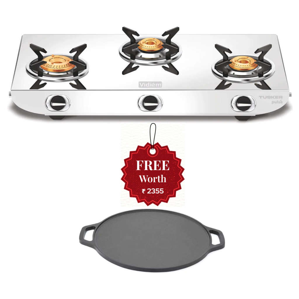 Vidiem Tusker Pulse Stainless Steel Gas Stove 3 Burner And Get Free Casta 30 Cm Cast Iron Tawa 