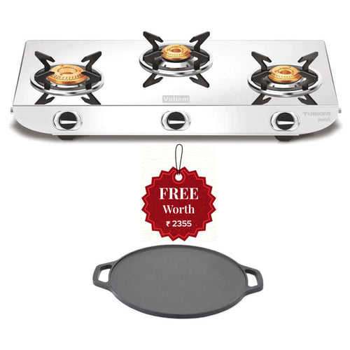 Vidiem Tusker Pulse Stainless Steel Gas Stove 3 Burner And Get Free Casta 30 Cm Cast Iron Tawa 