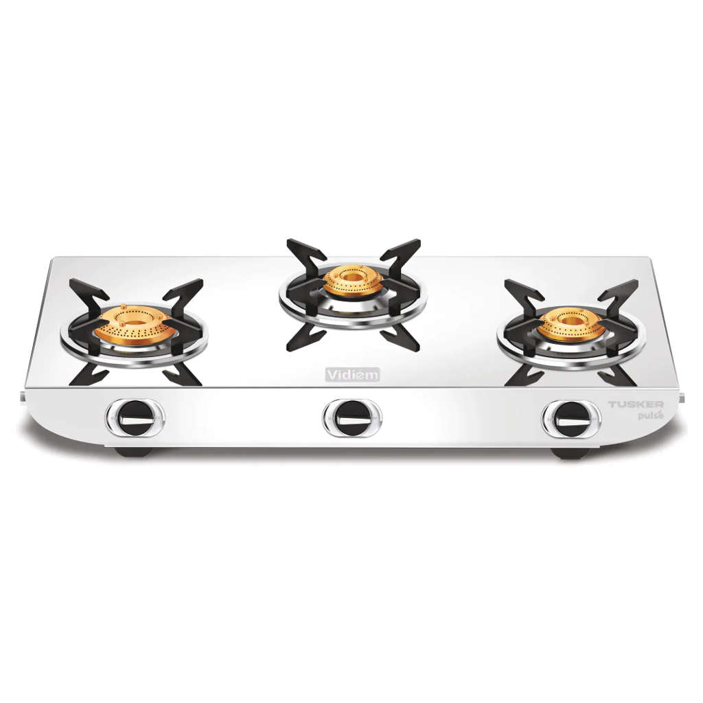 Vidiem Tusker Pulse Stainless Steel Gas Stove 3 Burner And Get Free Casta 30 Cm Cast Iron Tawa