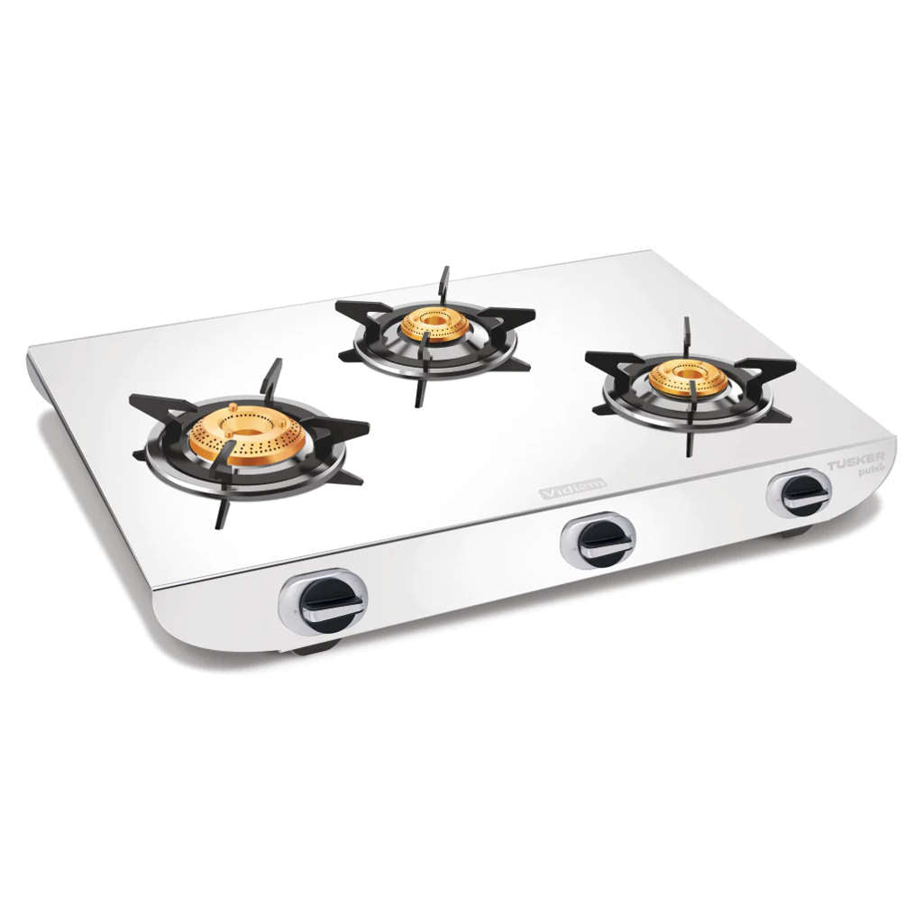 Vidiem Tusker Pulse Stainless Steel Gas Stove 3 Burner And Get Free Casta 30 Cm Cast Iron Tawa