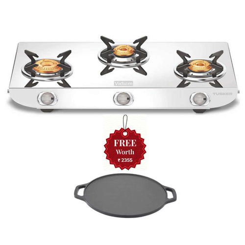 Vidiem Tusker Stainless Steel Gas Stove 3 Burner And Get Free Casta 30 Cm Cast Iron Tawa 