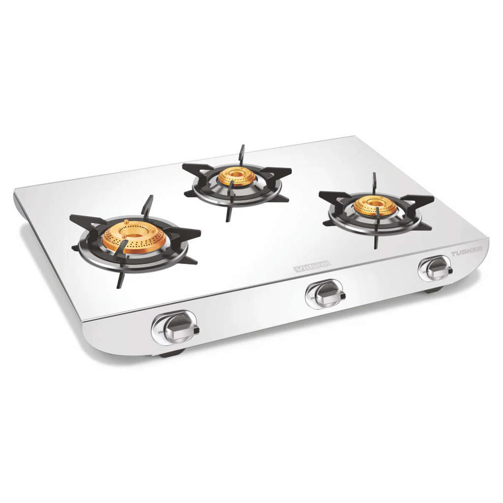 Vidiem Tusker Stainless Steel Gas Stove 3 Burner And Get Free Casta 30 Cm Cast Iron Tawa