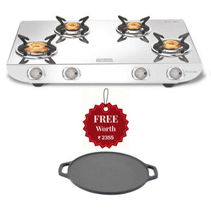 Vidiem Tusker Stainless Steel Gas Stove 4 Burner And Get Free Casta 30 Cm Cast Iron Tawa 