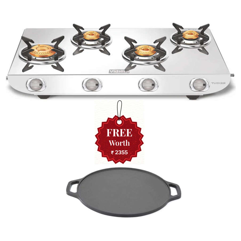 Vidiem Tusker ZZ Stainless Steel Gas Stove 4 Burner And Get Free Casta 30 Cm Cast Iron Tawa 