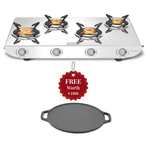Vidiem Tusker ZZ Stainless Steel Gas Stove 4 Burner And Get Free Casta 30 Cm Cast Iron Tawa 