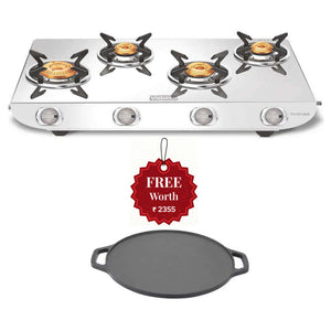 Vidiem Tusker ZZ Stainless Steel Gas Stove 4 Burner And Get Free Casta 30 Cm Cast Iron Tawa 