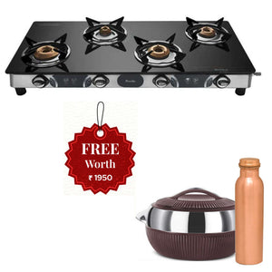 Preethi Blu-Flame Jumbo Max Glass Top Gas Stove With 4 Burner GTS 118 And Get Free Milton Expression Set 