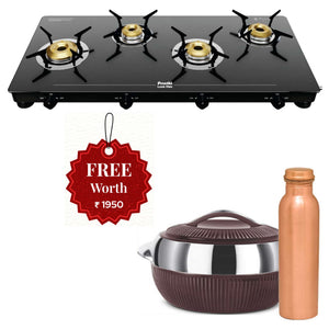 Preethi Luxe Max Glass Top Gas Stove 4 Burner Black GTS 418 And Get Free Milton Expression Set 