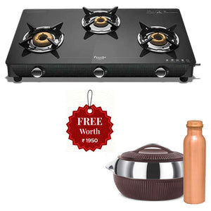 Preethi Valentino Carbon 3 Burner Glass Top Gas Stove And Get Free Milton Expression Set 