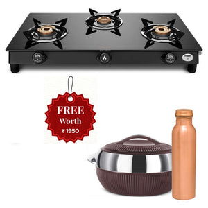 Preethi Sparkle Power Duo Glass Top Gas Stove 3 Burner GTS403 And Get Free Milton Expression Set 