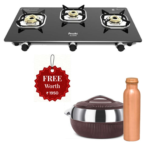Preethi Silverin 3 Burner Glass Top Gas Stove Black And Get Free Milton Expression Set 
