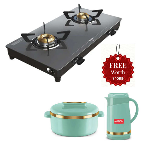 Preethi Luxe Glass Top Gas Stove 2 Burner Black GTS 414 And Get Free Milton Essenza Gift Set 