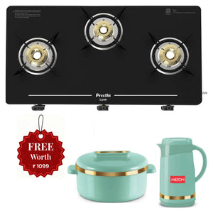 Preethi Luxe Glass Top Gas Stove 3 Burner Black And Get Free Milton Essenza Gift Set 