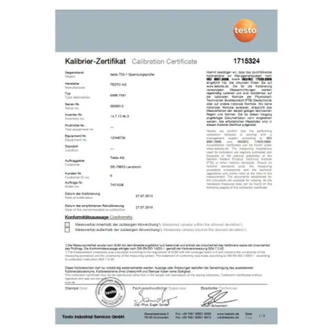 Testo Calibration Certificate 