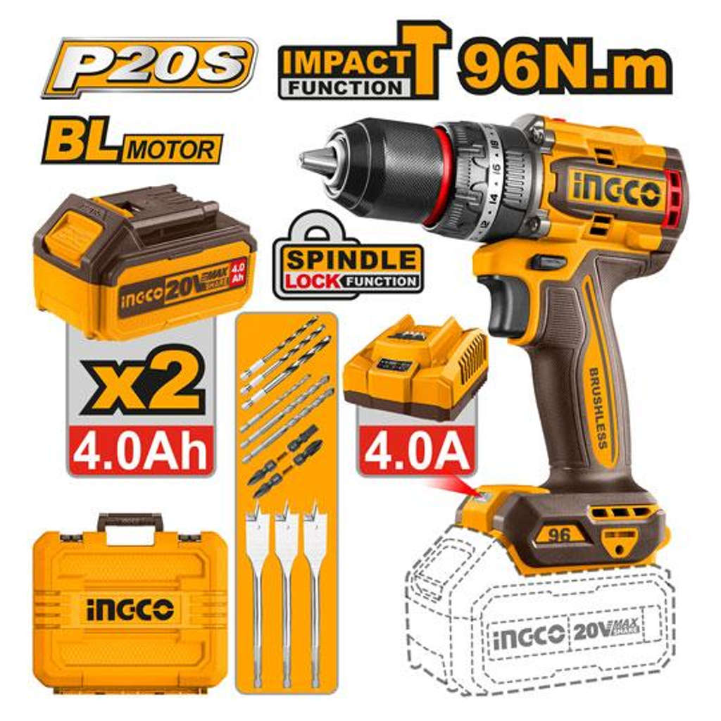Ingco Brushless Cordless Impact Drill 96Nm 20V CIDLI209686