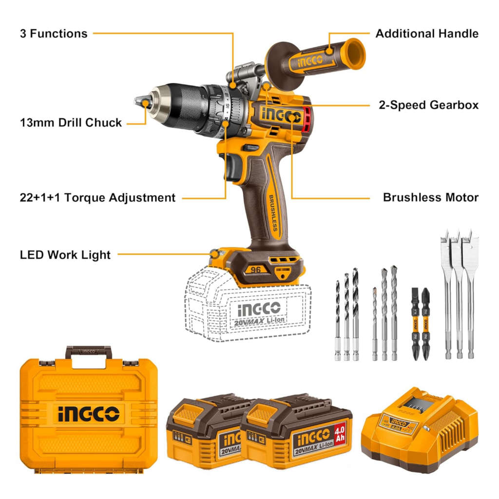 Ingco Brushless Cordless Impact Drill 96Nm 20V CIDLI209686