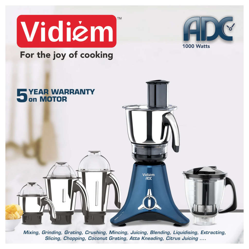 Vidiem Vstar ADC Mixer Grinder 5 Jars 1000W Azure Blue