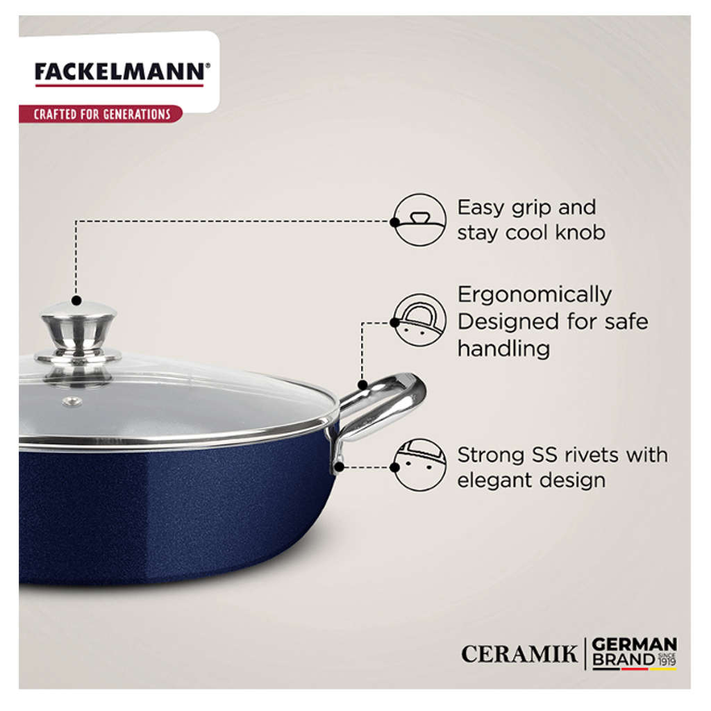 Fackelmann Ceramik Non Stick Kadai With Glass Lid 22 cm 1.5 Liter 11110109