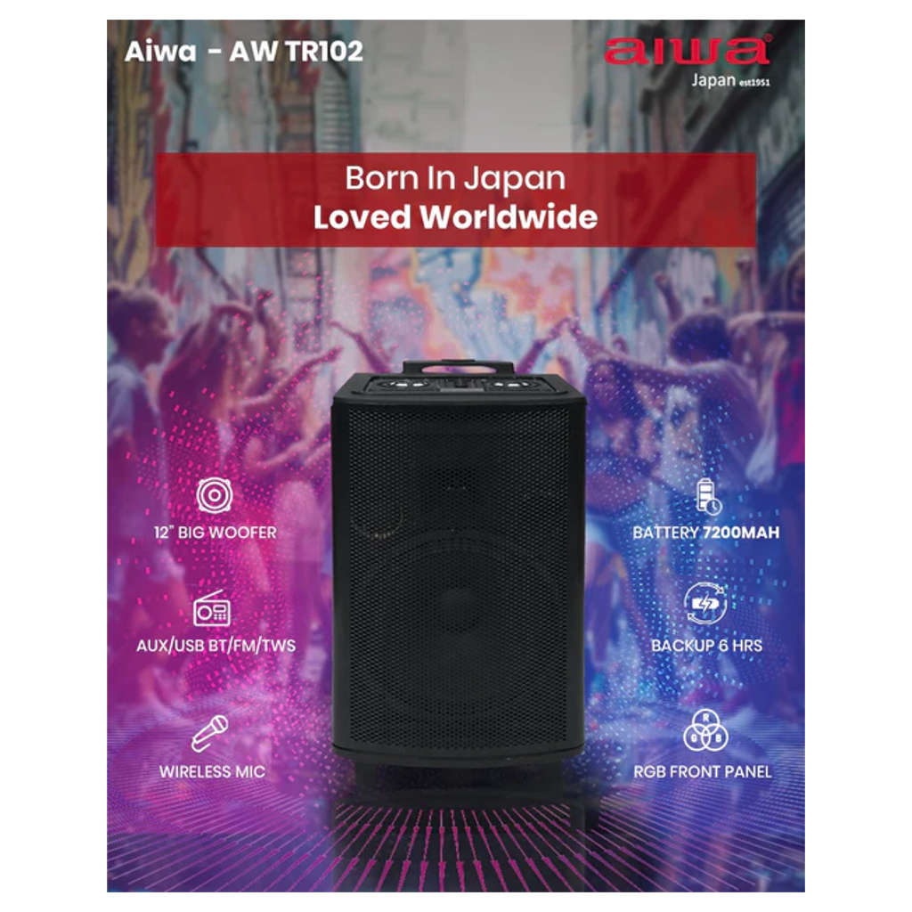 Aiwa Bluetooth Trolley Party Speaker 100W With 10 Inch Subwoofer 2 Wireless Mics AW-TR101