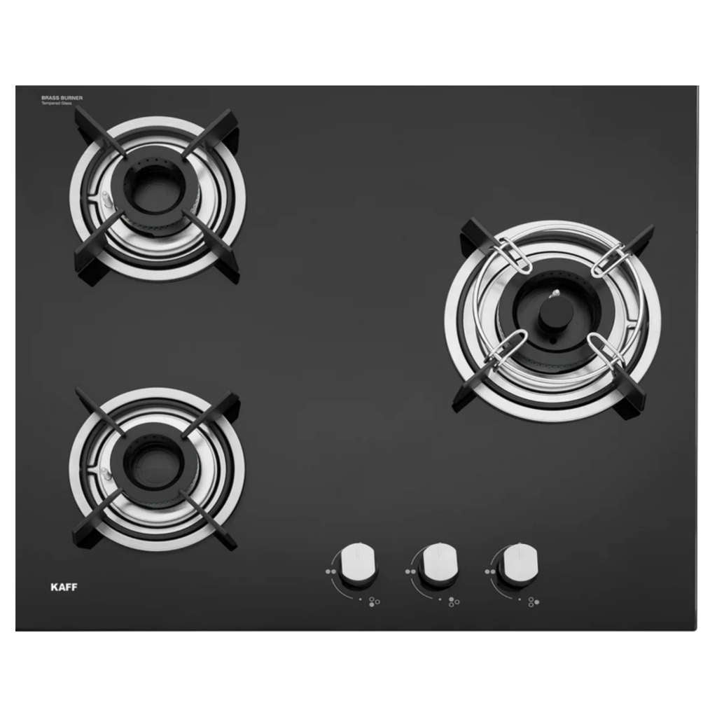 Kaff Built In Hob With 3 Brass Burners Auto Electric Ignition Black Tempered Glass 60 cm HBR 603B