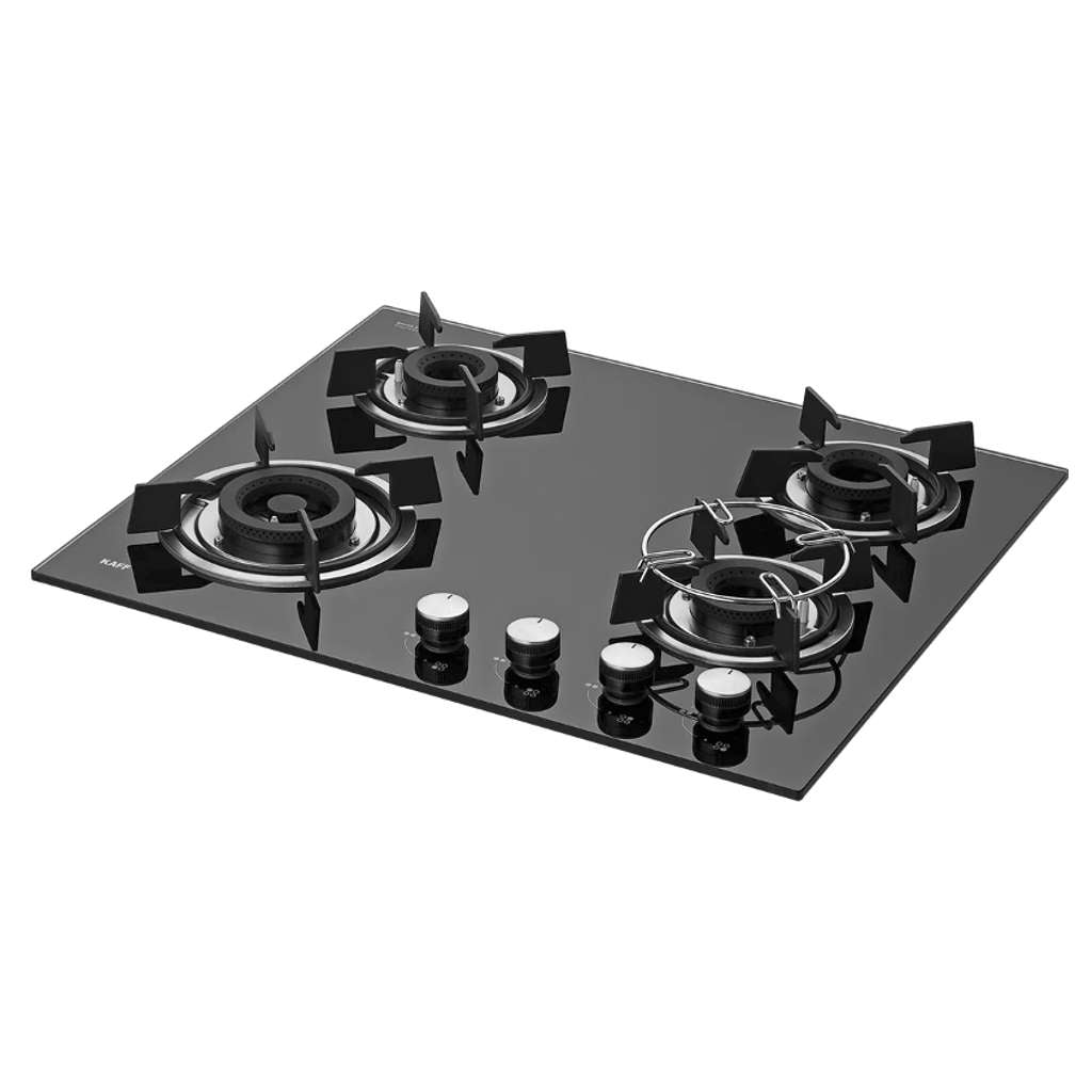 Kaff Built In Hob With 4 Brass Burners Auto Electric Ignition Black Tempered Glass 60 cm HBR 604A 