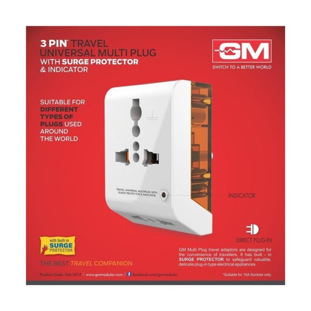 GM 3 Pin Travel Universal Multi Plug with Surge Protector & Indicator – GM3012