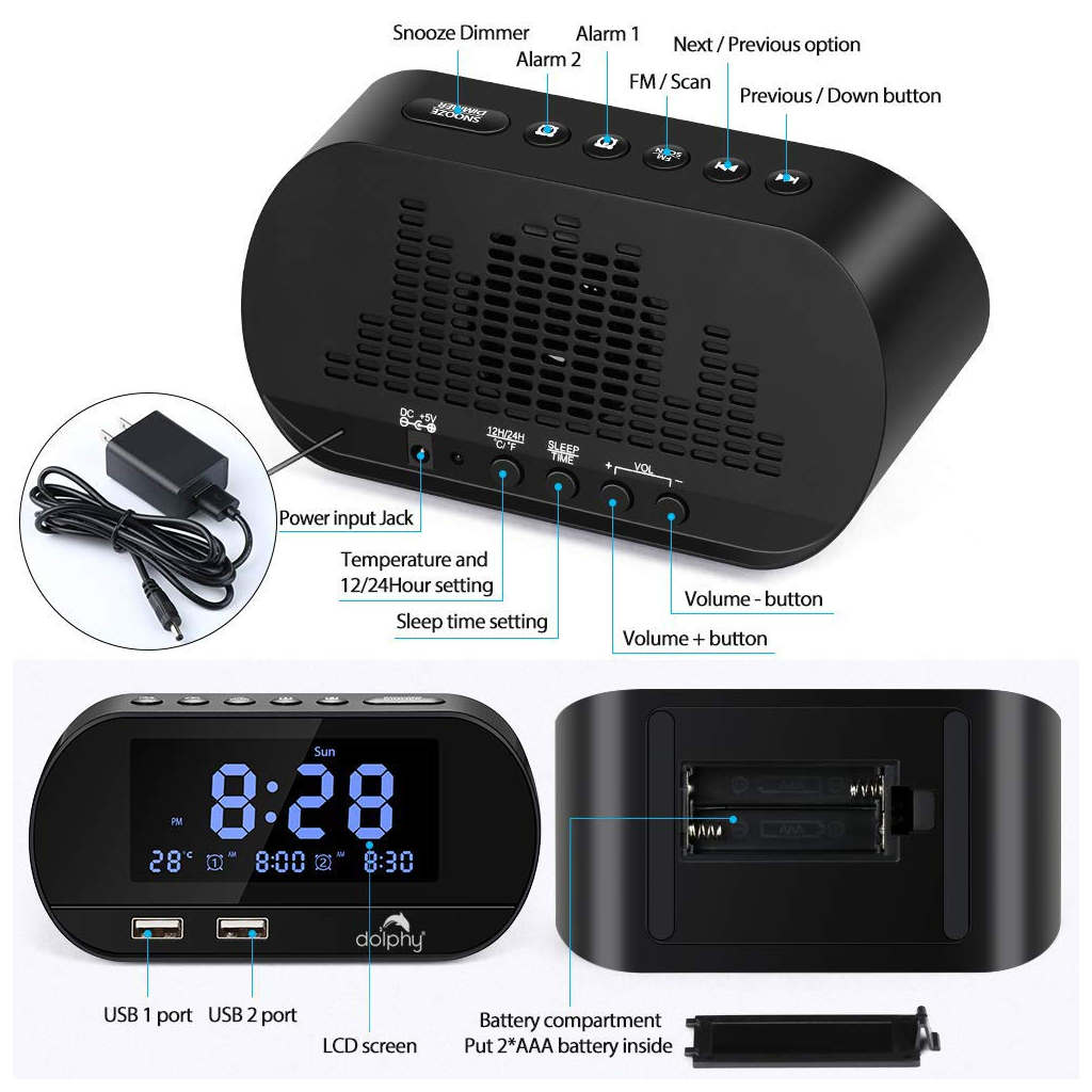 Dolphy Digital dock station Dual Alarm Clock with FM Radio DDSN0004