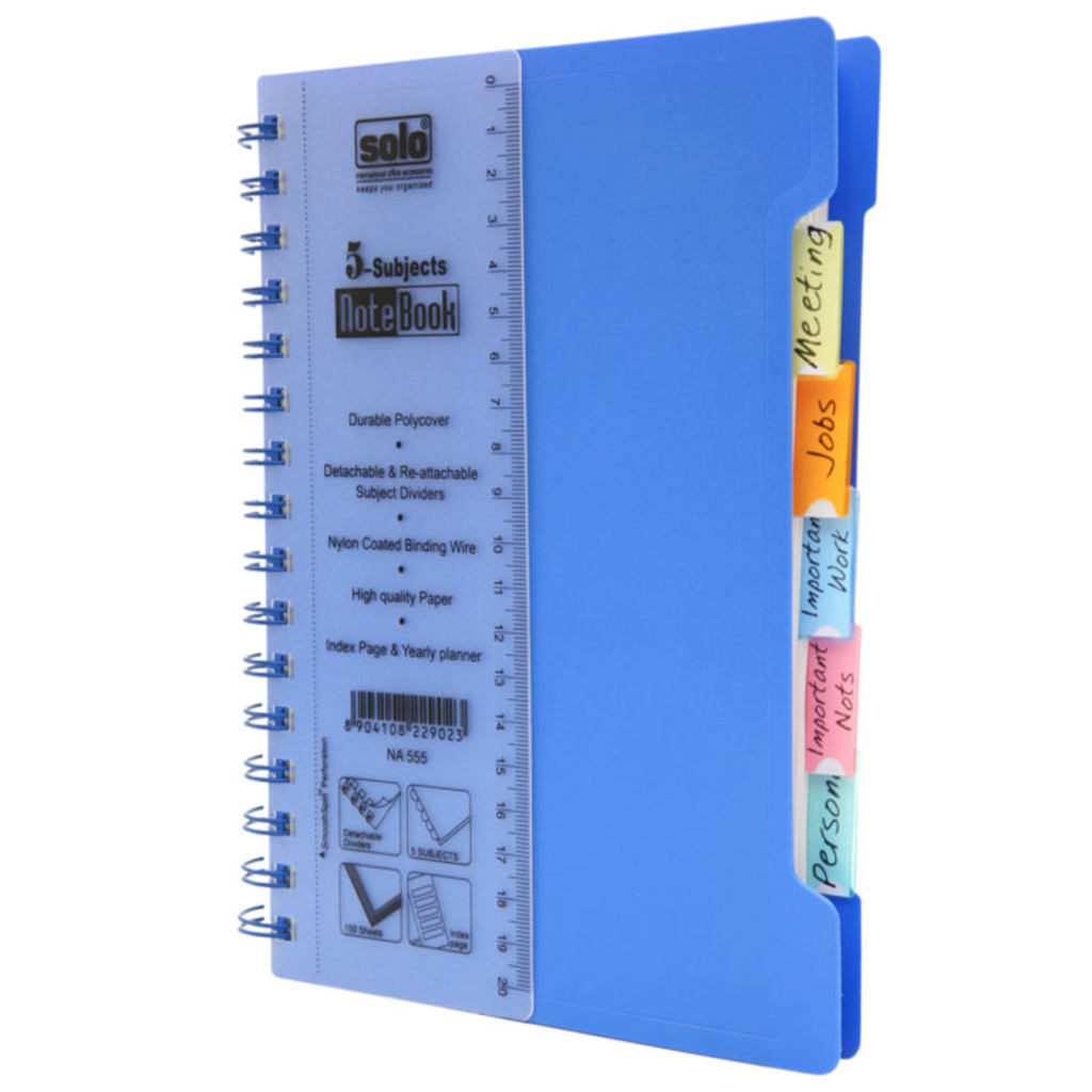 Solo 5 Subjects Note Book Dividers 300 Pages Blue A5 NA 555