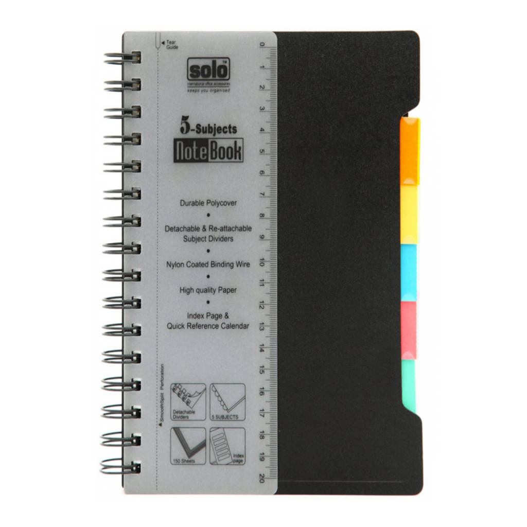Solo 5 Subjects Note Book Dividers 300 Pages Black A5 NA 555