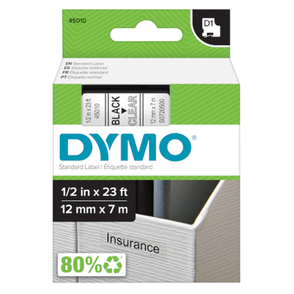 Dymo S0720500 D1 Label Tape Black on Clear 12mm x 7m 45010