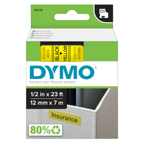 Dymo S0720580 D1 Label Tape Black On Yellow 12mm x 7m 45018 