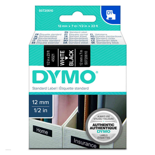 Dymo S0720610 D1 Label Tape White On Black 12mm x 7m 45021 
