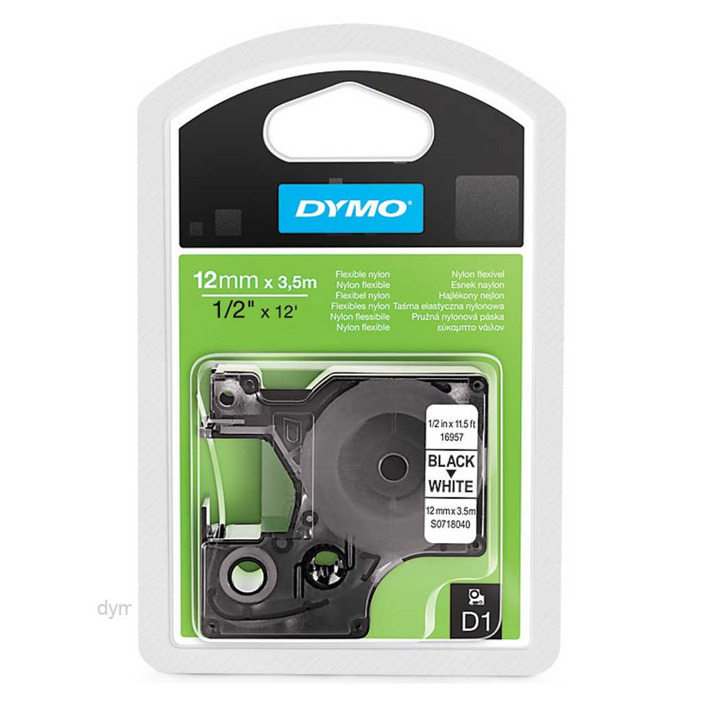 Dymo S0718040 D1 Flexible Nylon Tape Black On White 12mm x 3,5m 16957