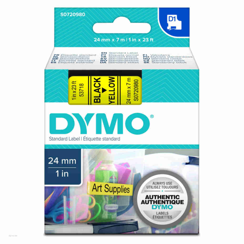 Dymo S0720980 D1 Label Tape Black on Yellow 24mm x 7m 53718