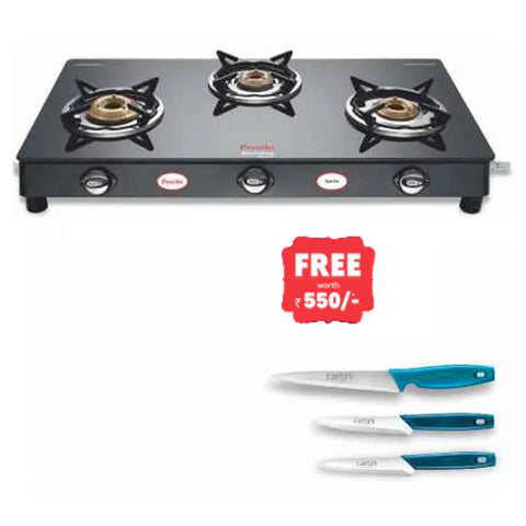 Preethi Blu Flame Sparkle Glass Top Gas Stove 3 Burner GTS104 And Get Free Godrej Cartini Knife