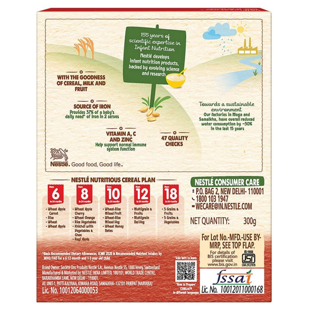 Nestle Cerelac Baby Cereal Milk With Wheat Apple From 6 To 24 Months Stage 1 Bag-In-Box 300g