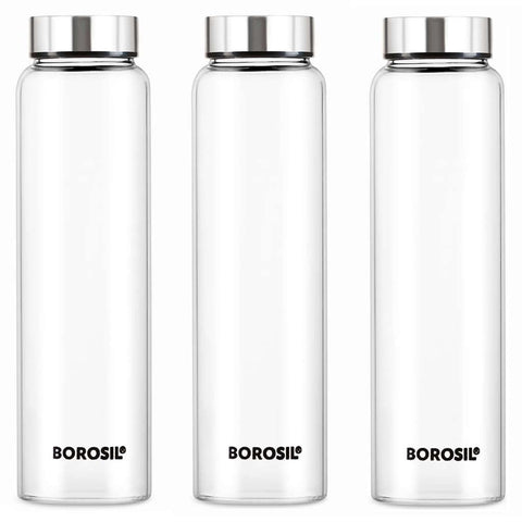 Borosil Crysto Glass Bottle With Silver SS Lid Set Of 3 Pcs 750 ml 