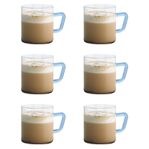 Borosil Vision Glass Mug With Blue Handle Set Of 6 Pcs 190 ml BVCM190BL06 