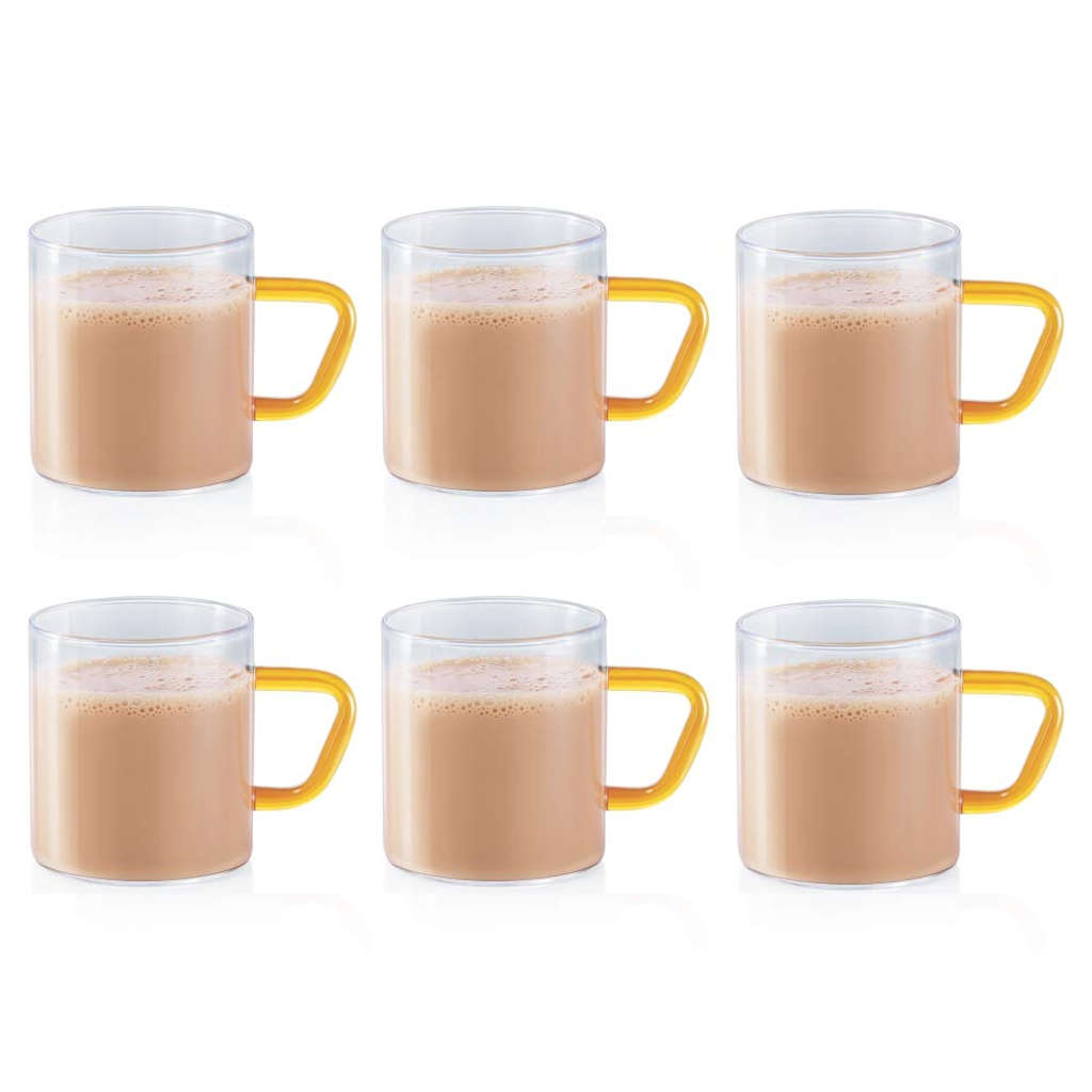 Borosil Vision Glass Mug With Yellow Handle Set Of 6 Pcs 190 ml BVCM190YL06 