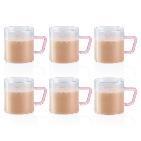 Borosil Vision Glass Mug With Pink Handle Set Of 6 Pcs 190 ml BVCM190PN06 