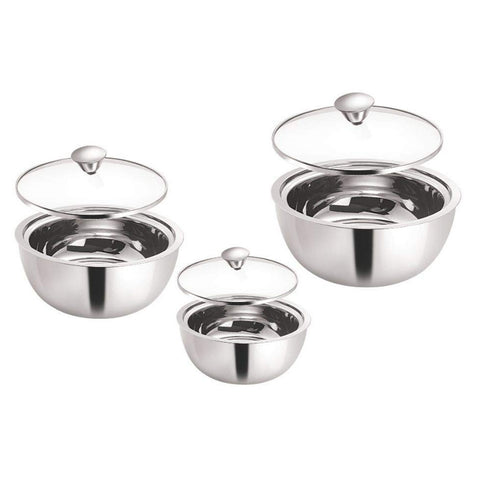 Borosil Servefresh Stainless Steel Curry Server Casserole Set Of 3 (500ml + 900ml + 1.5Litre) SFSET3CS11 